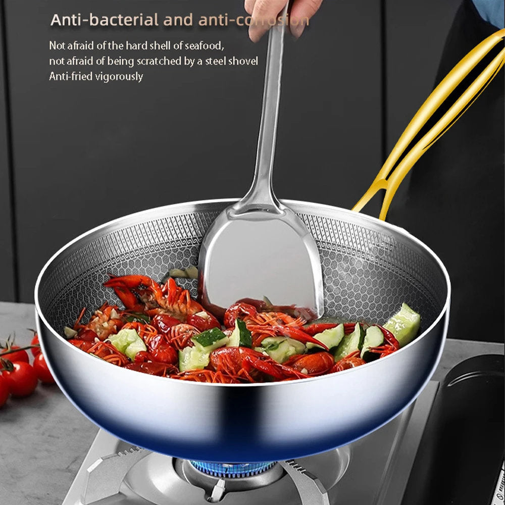 Stainless steel strainer with food being cooked on a stove, featuring text about its anti-bacterial and anti-corrosion properties.