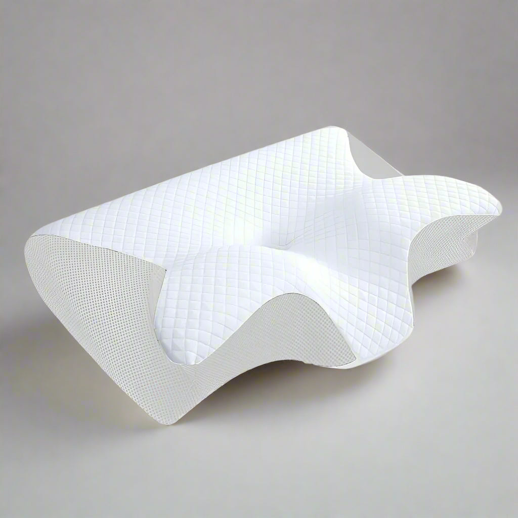 An ergonomic memory foam pillow with a contoured design, displayed in different settings showing its use for neck support and as a sleeping pillow.