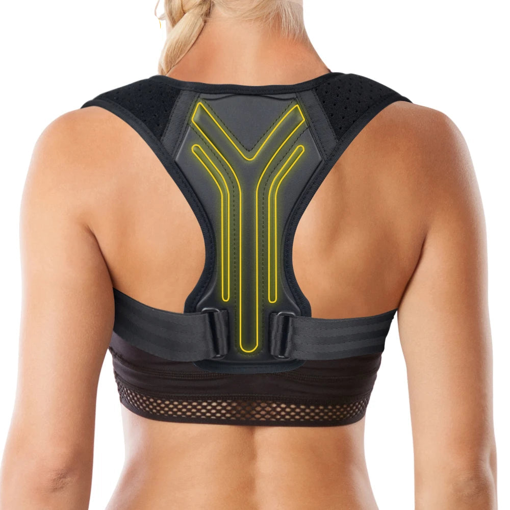 Posture corrector worn by a person on a white background with XQWOXQ branding.