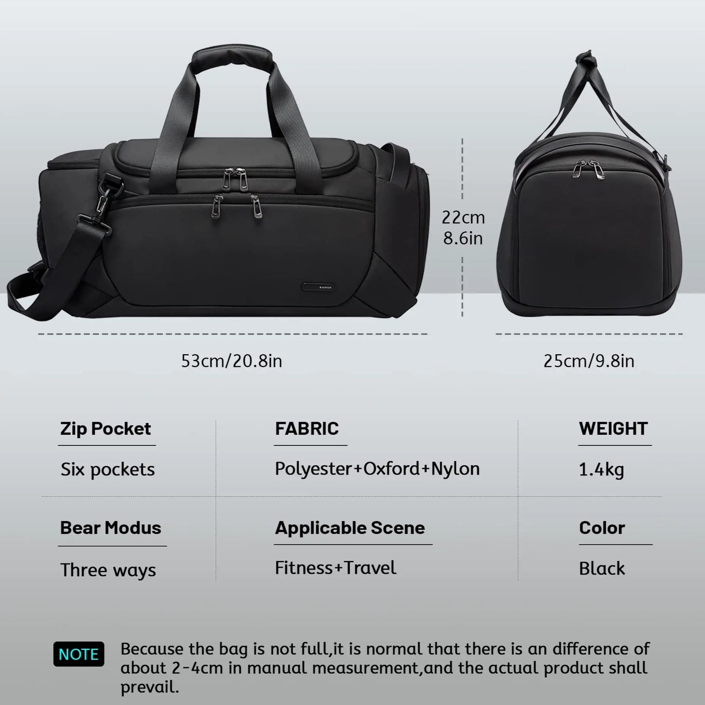 Black duffel bag with measurements and specifications on a gray background