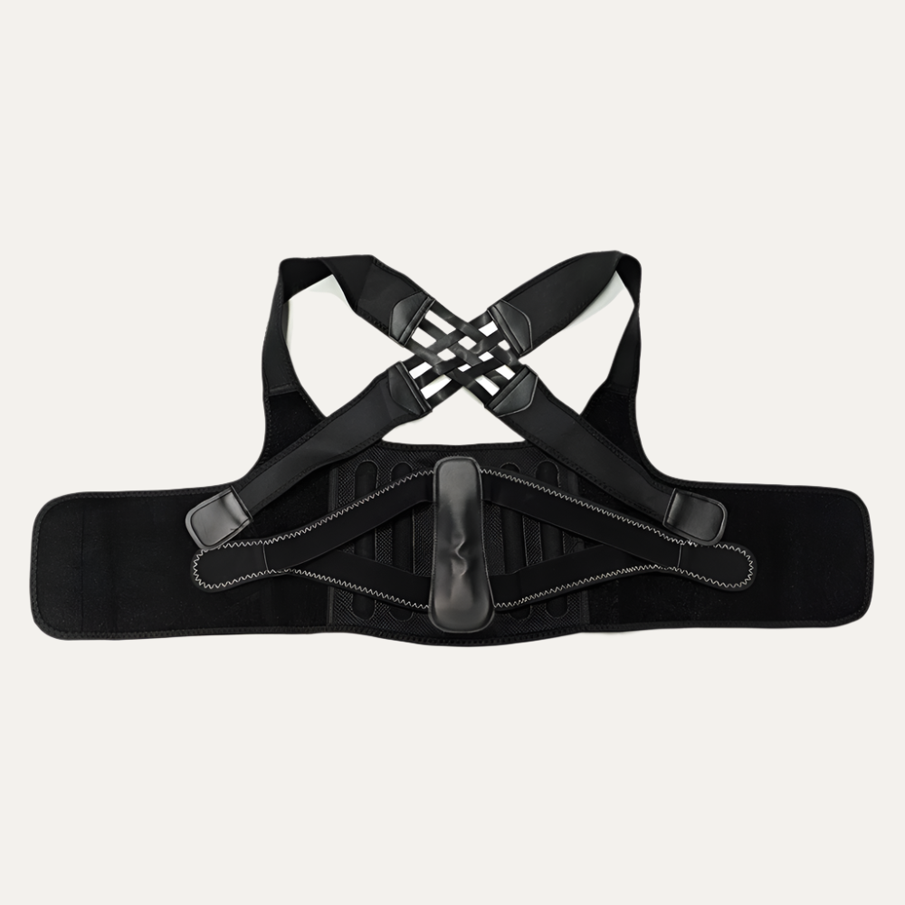 Black shoulder and back brace on a white background