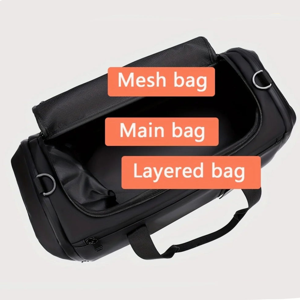 Black travel bag with mesh, main, and layered compartments on a white background.