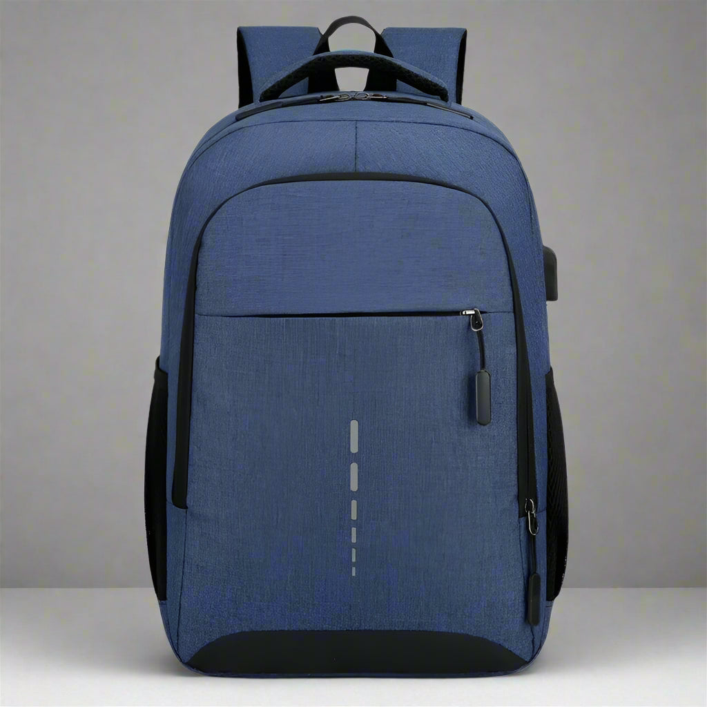 Blue backpack with black accents on a white background