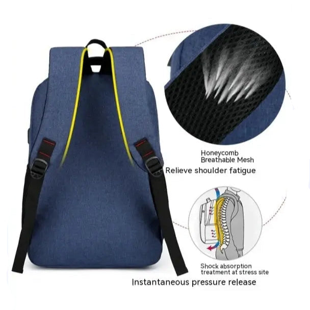 Blue backpack with highlighted features on a light blue background