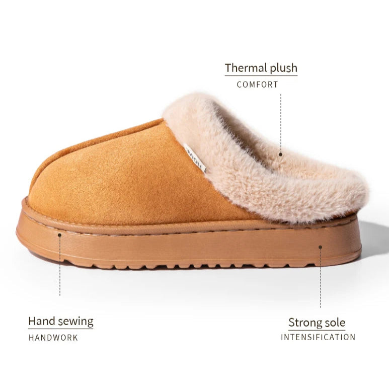 Brown slipper with shearling lining on a white background, highlighting features like thermal plush and strong sole.