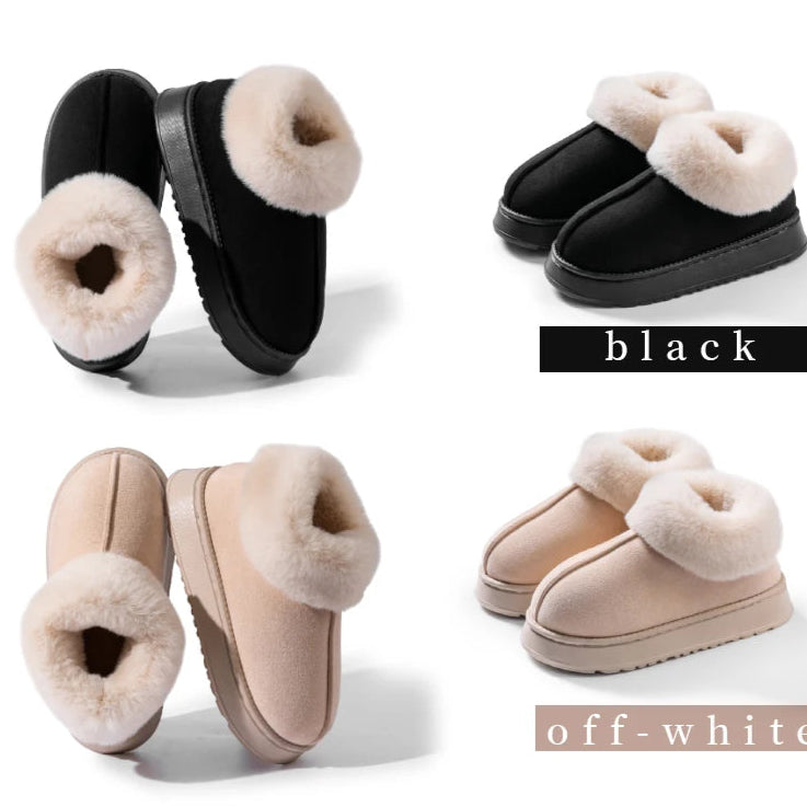 Black and off-white winter boots with fluffy interior on a white background
