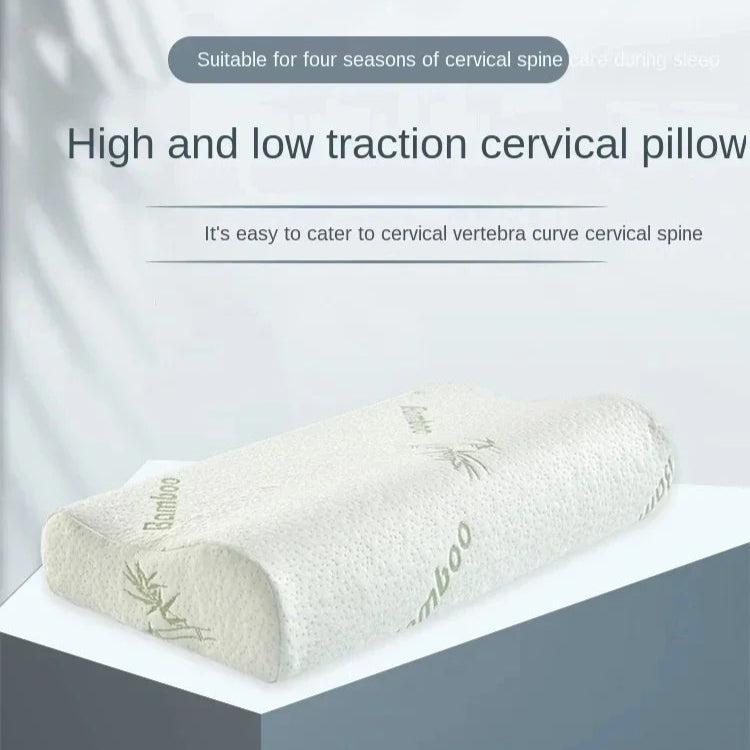 Cervical pillow with text on a light gray background