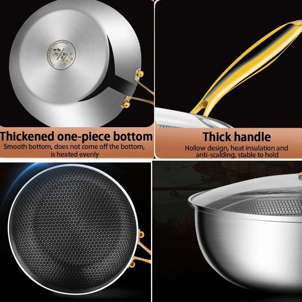 Collage of a stainless steel pot with features highlighted on a black background