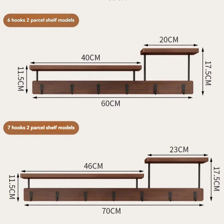 Dimensions of wooden parcel shelves with hooks on a white background