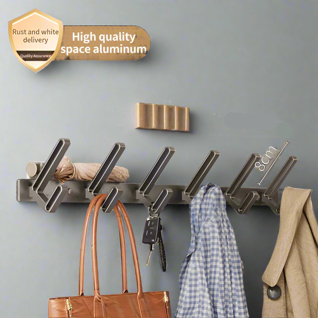 Gray 6-hook wall-mounted rack with measurements and product details on a wooden background
