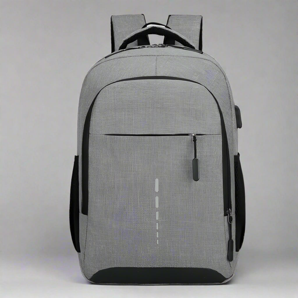 Gray backpack with black accents on a white background