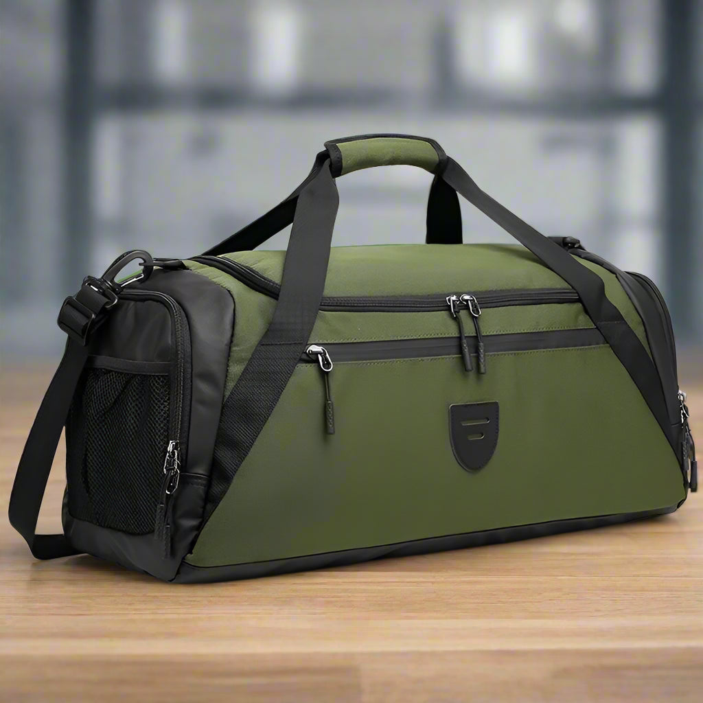 Green duffel bag with black accents on a white background
