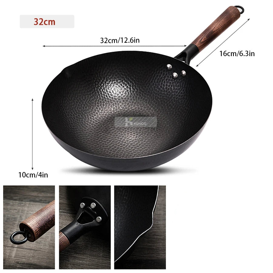 Black wok with wooden handle and measurements on a white background