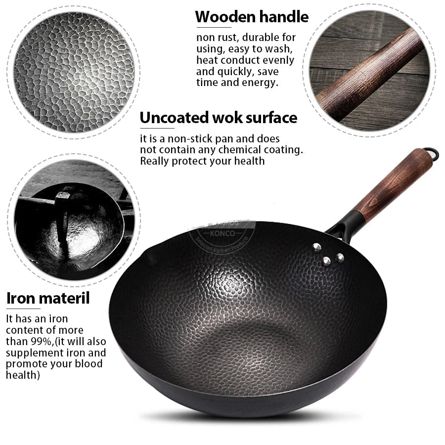 Pure 32cm Iron Wok – Traditional Cast Iron Pan (Non-Coated) Gas & Induction