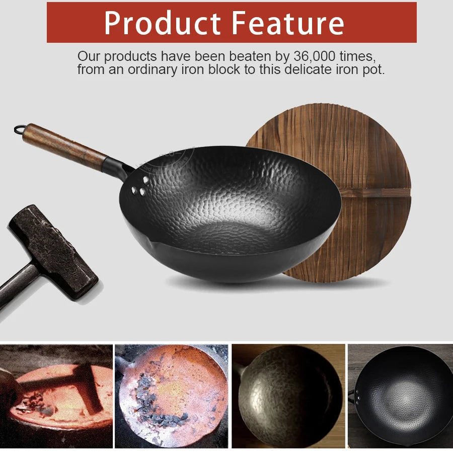 Pure 32cm Iron Wok – Traditional Cast Iron Pan (Non-Coated) Gas & Induction