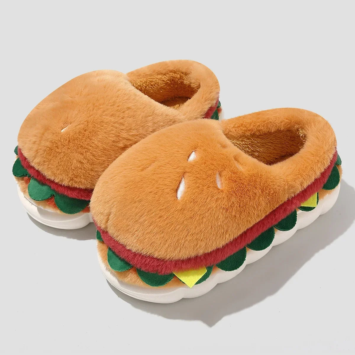 Hamburger-themed slippers on a light gray background