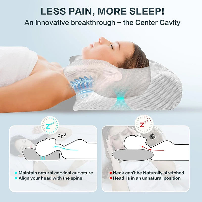 Person using a neck pillow with text 'Less Pain, More Sleep!' and diagrams showing its benefits.