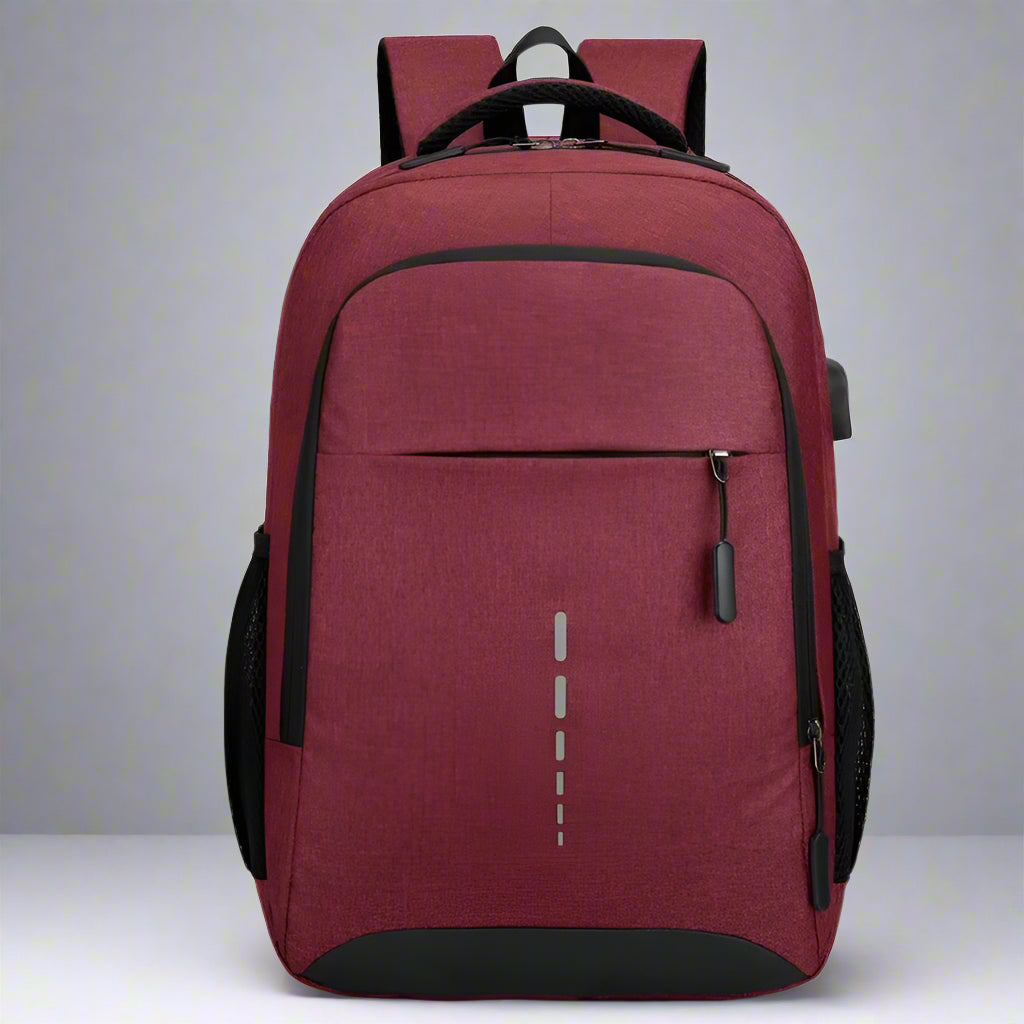 Red backpack with black accents on a white background