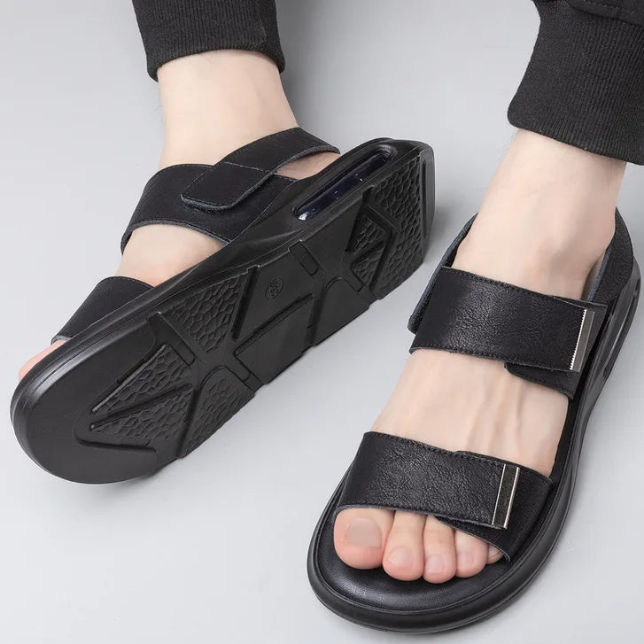 Men’s Summer Leather Sandals – Casual Beach Shoes with Hook & Loop Strap