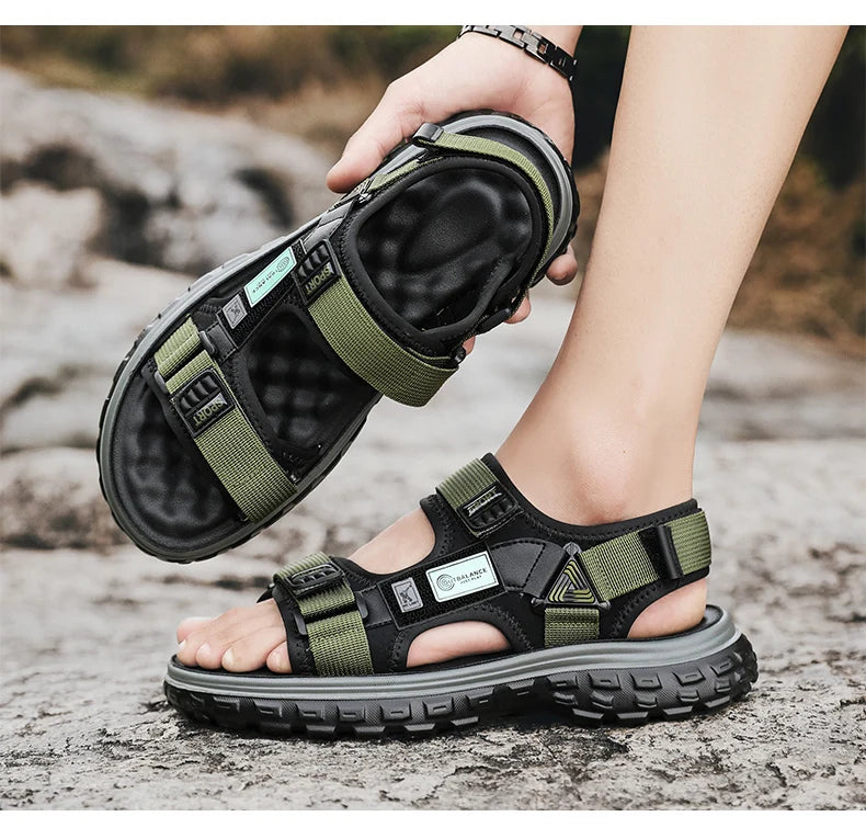 Men’s Outdoor Leather Sandals – Breathable Hiking Shoes with Elastic Strap