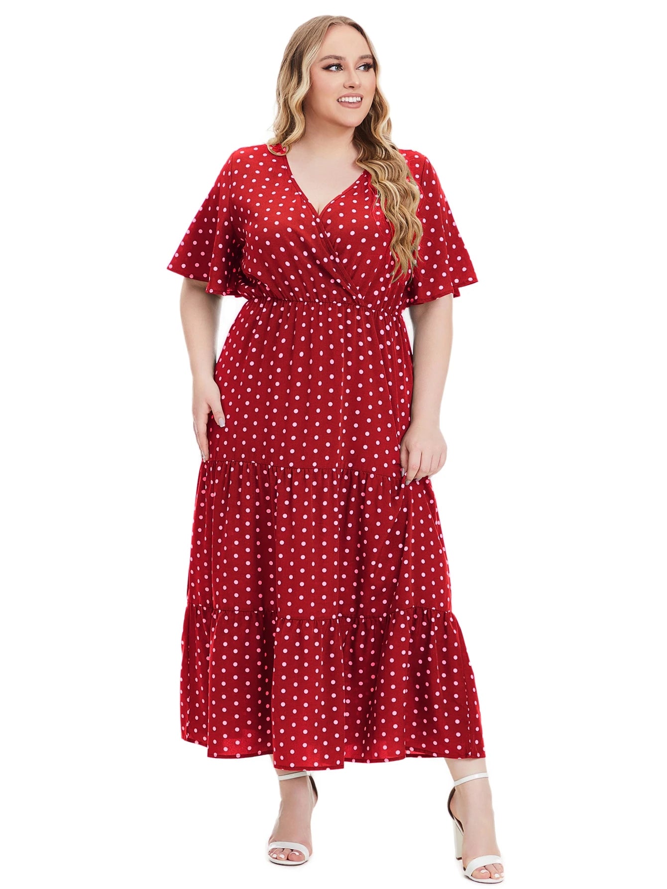 Plus Size Polka Dot V-Neck Boho Maxi Dress
