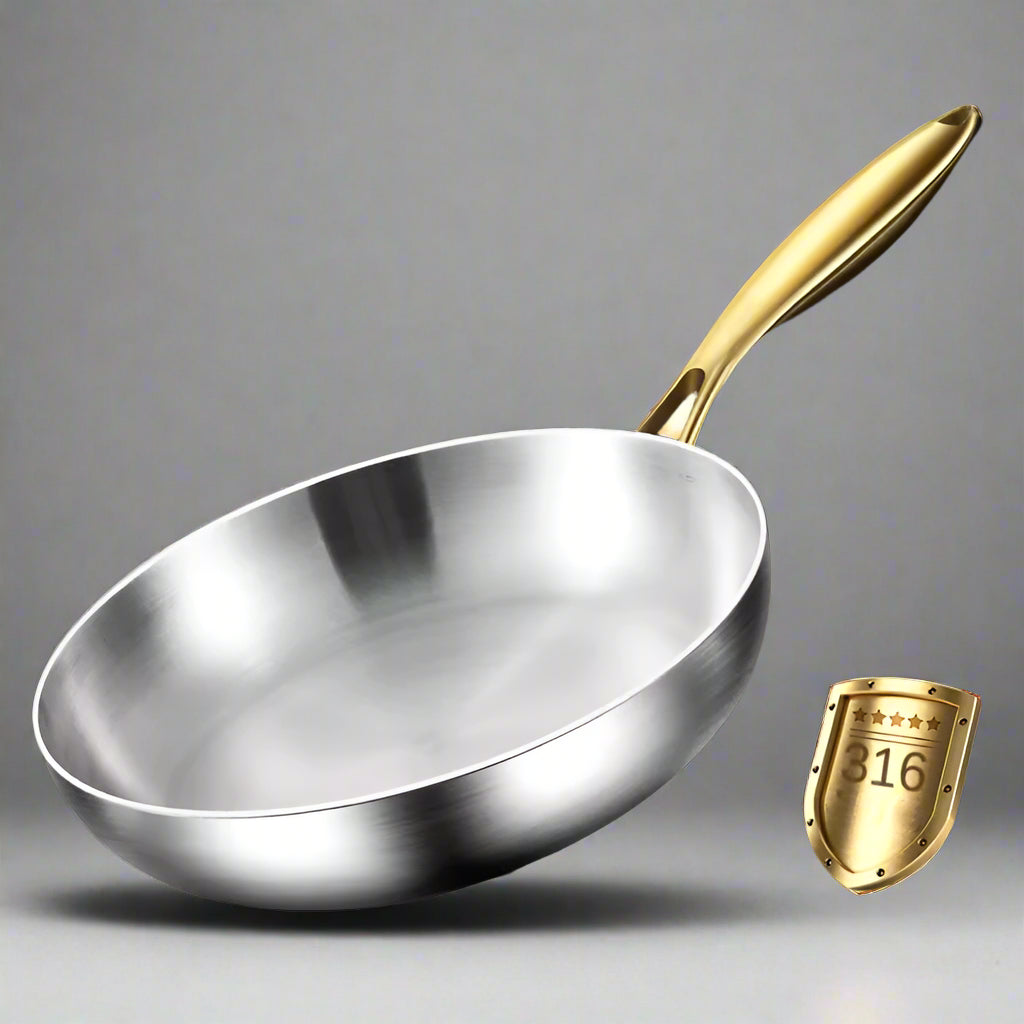 Stainless steel frying pan with gold handle on a dark background, featuring text about material and benefits.