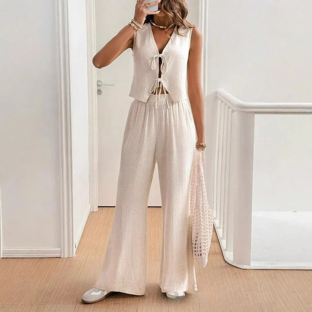 Women’s Cotton Vest & High-Waisted Wide-Leg Pants Set – Sleeveless 2-Piece Outfit