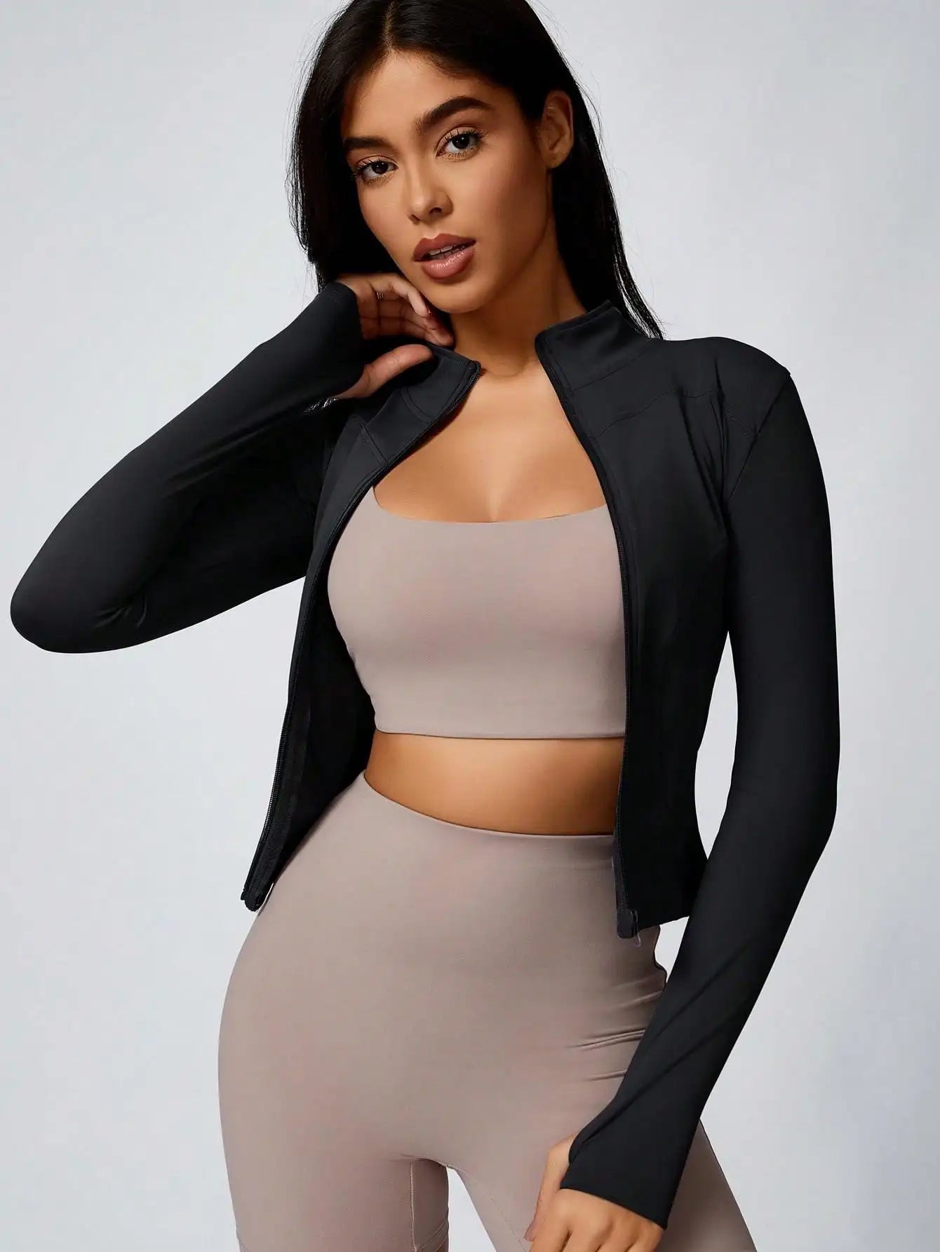 Women’s Zip-Up Sports Jacket – Slim Fit Turtleneck Long Sleeve Activewear Top