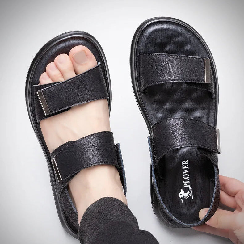 Men’s Summer Leather Sandals – Casual Beach Shoes with Hook & Loop Strap