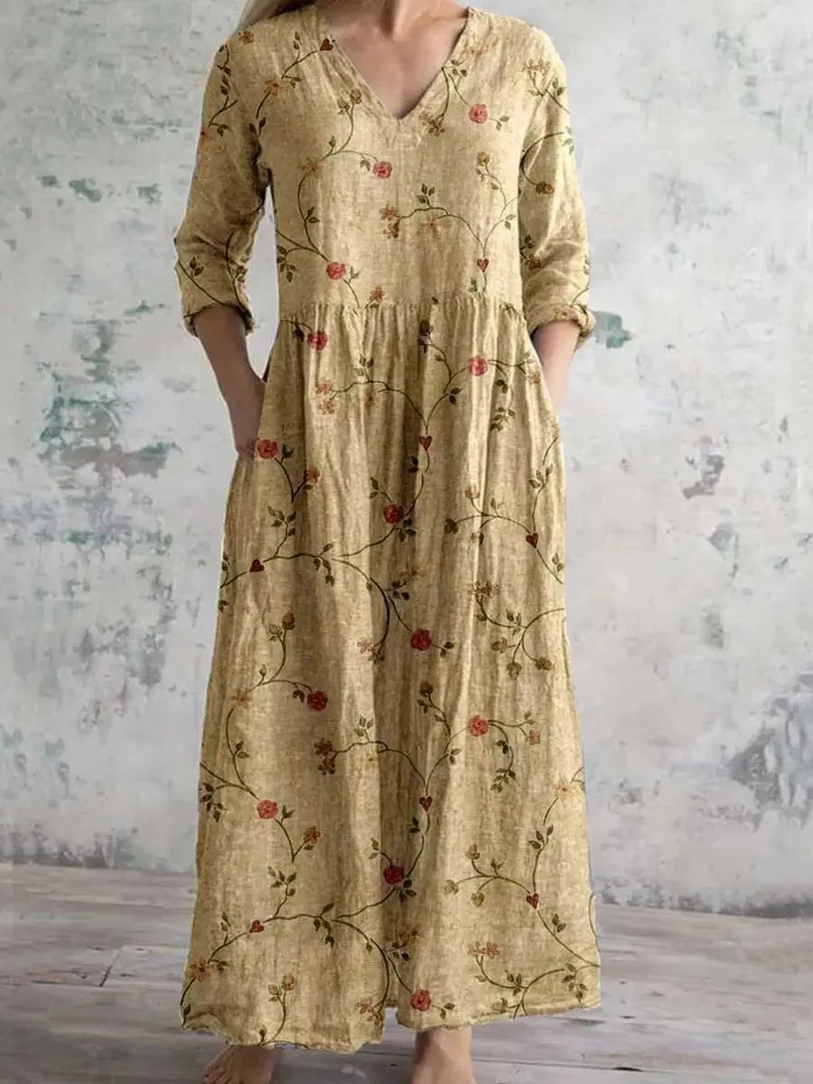 Women’s Casual Floral Print Midi Dress – Elegant Mid-Length V-Neck One-Piece