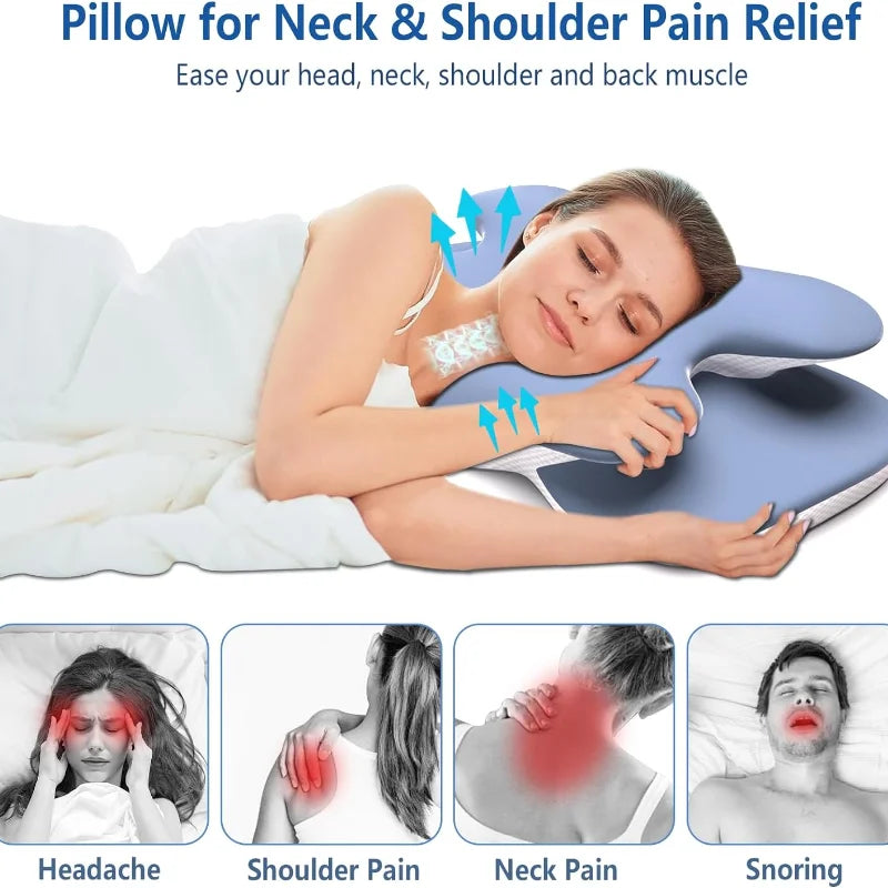 Woman using a neck and shoulder pain relief pillow with illustrations of pain locations.