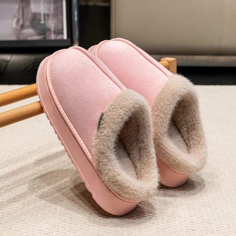 Winter Indoor Slippers Thick Sole Faux Suede Anti-Slip House Shoes Plush Lining