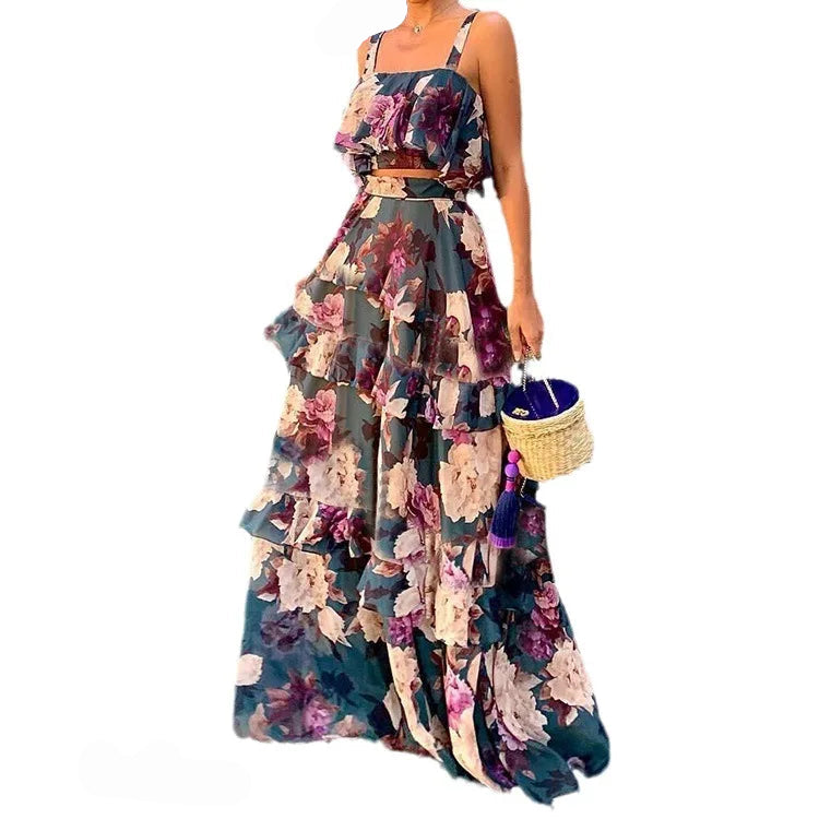 Women’s 2-Piece Set – Halter Top & Cake Skirt - Summer Beach Holiday Style