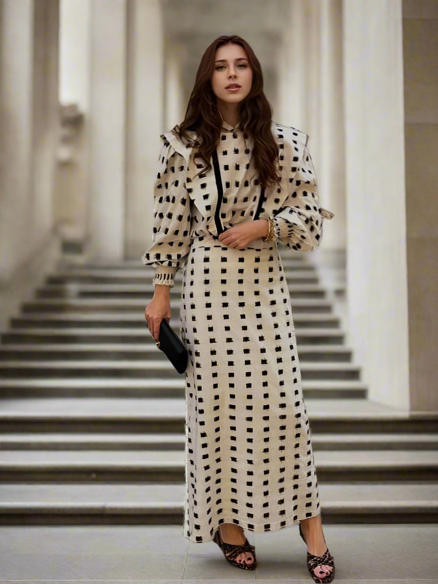 Chic Contrast Square Collar Maxi Skirt Set – Elegant Two-Piece Holiday Outfit