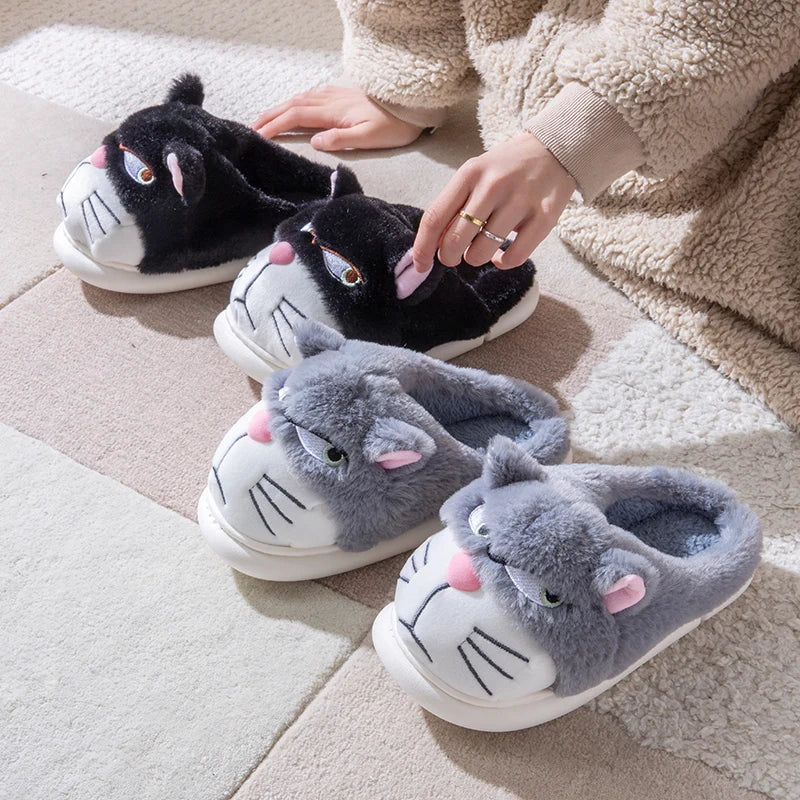 Women's Cat Plush Winter Slippers Indoor Furry House Shoes with Embroidered Face