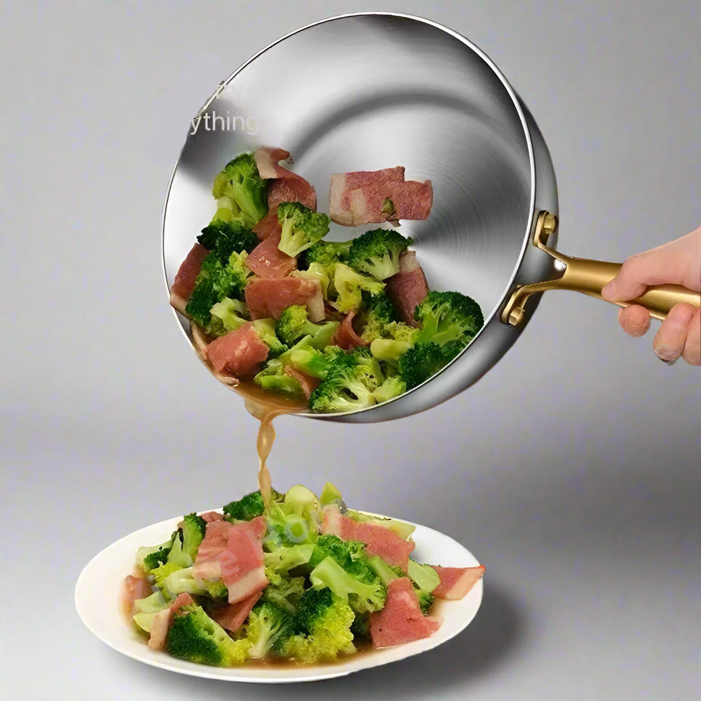 Wok with broccoli and beef being poured onto a plate, with text about cooking skills.