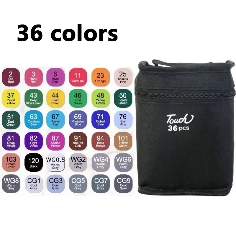 Black pouch with 'Touch' branding next to a color swatch chart on a white background