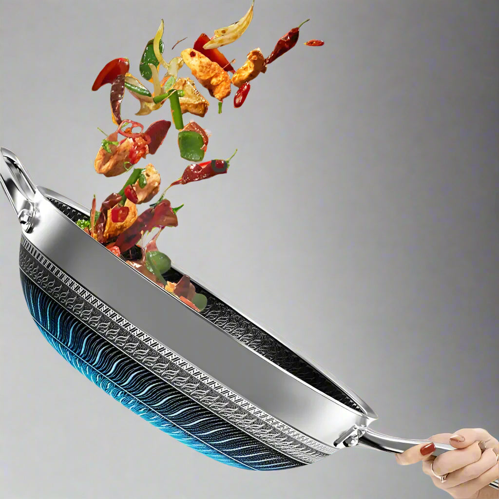 Frying pan with food splashes and text indicating it's one-handed and suitable for all ages.