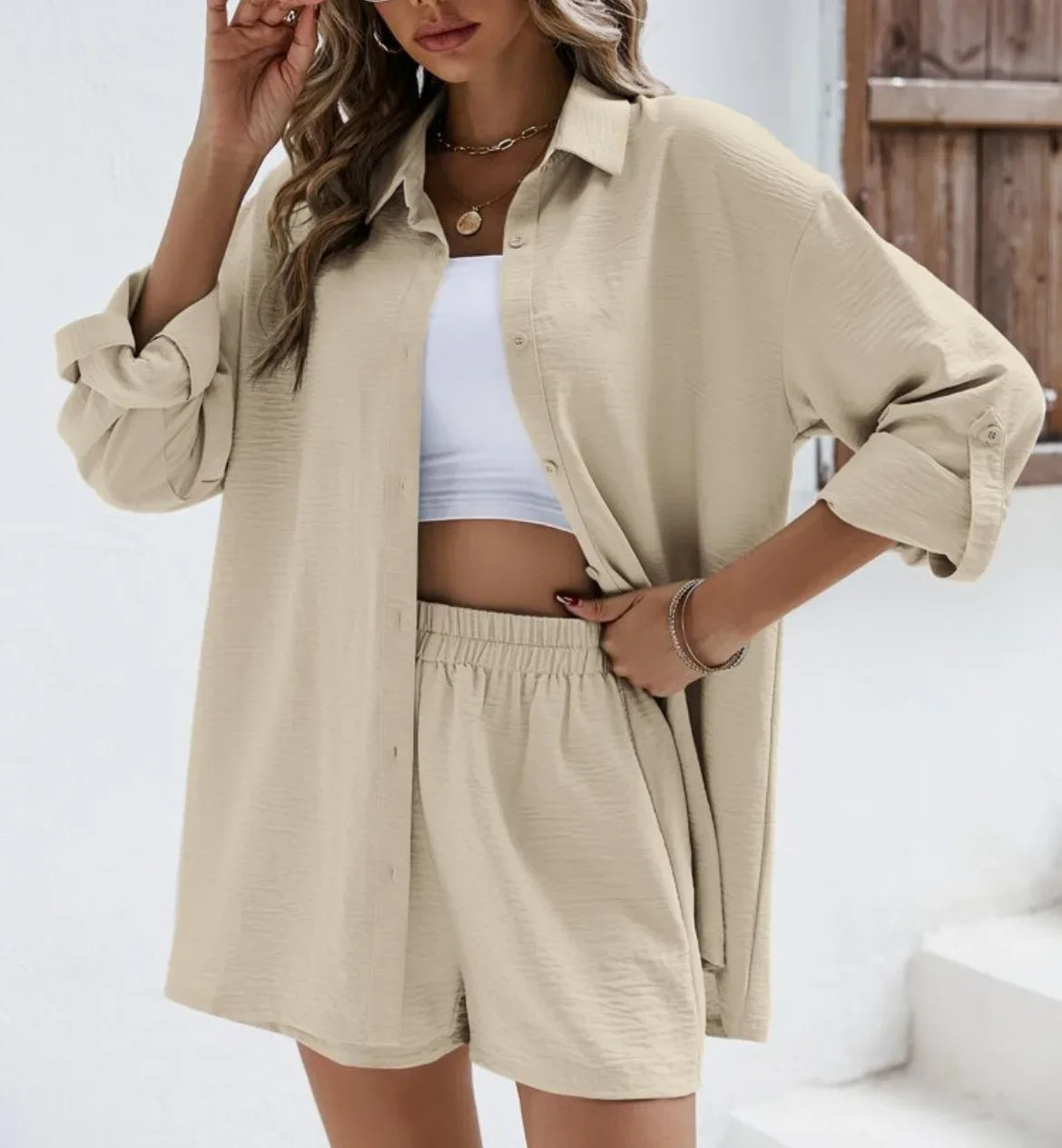 Spring Shirt and Shorts Set – Solid Colour Lapel Top with High-Waist Elastic Shorts
