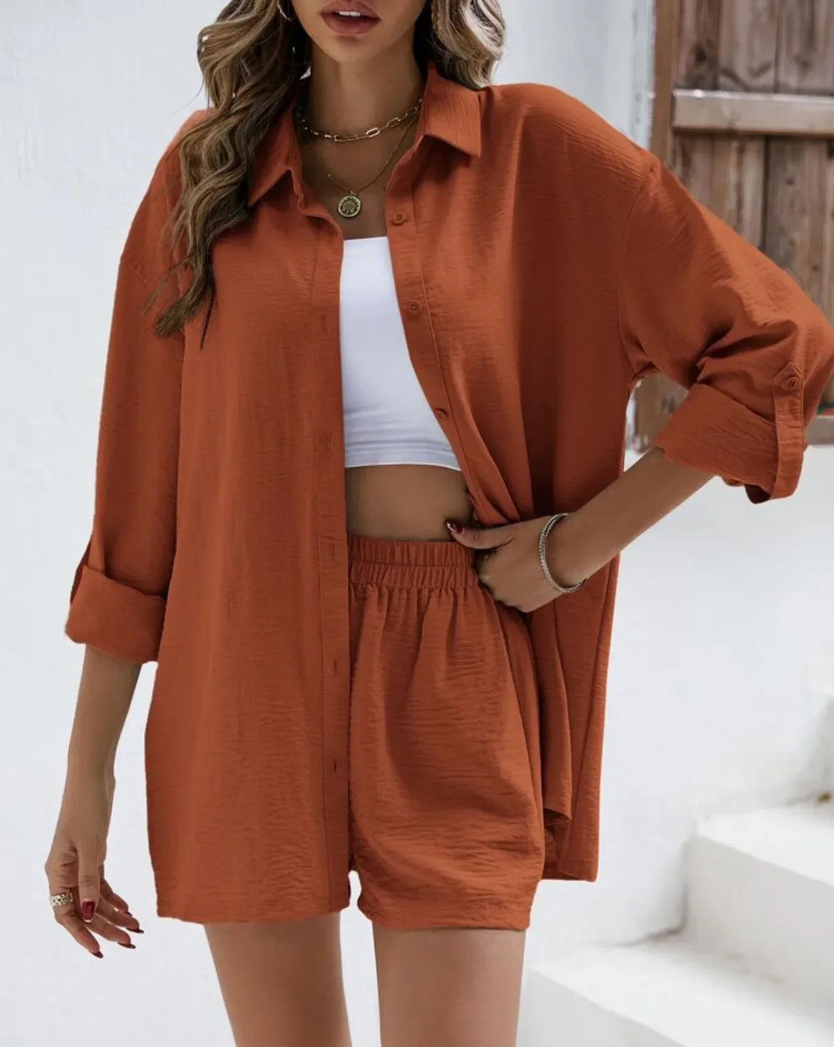 Spring Shirt and Shorts Set – Solid Colour Lapel Top with High-Waist Elastic Shorts