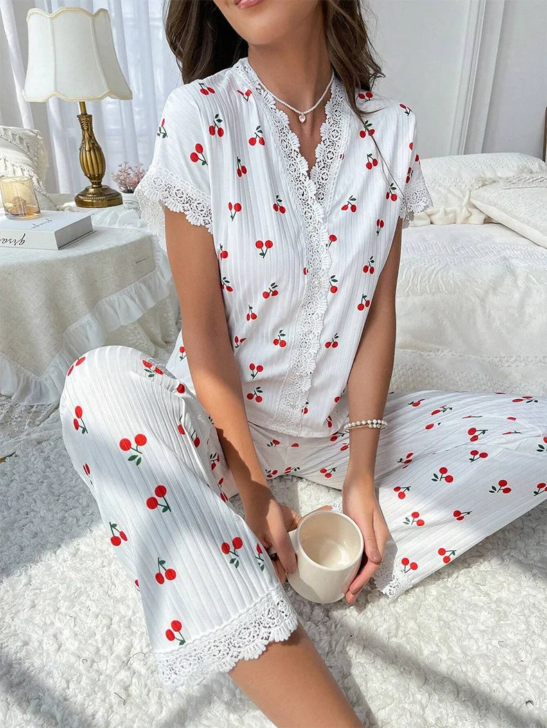 Cherry Print Lace Patchwork Pyjama Set – Cute 2PCS Summer Loungewear Set