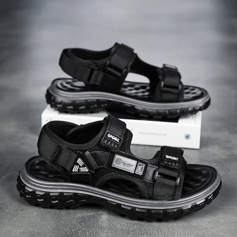 Men’s Outdoor Leather Sandals – Breathable Hiking Shoes with Elastic Strap