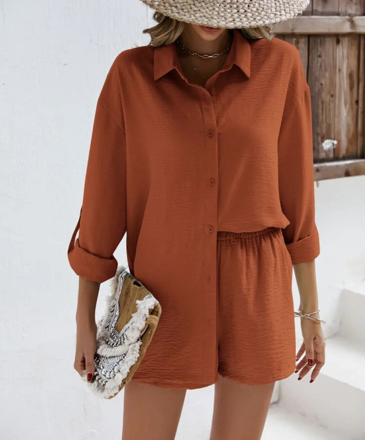 Spring Shirt and Shorts Set – Solid Colour Lapel Top with High-Waist Elastic Shorts