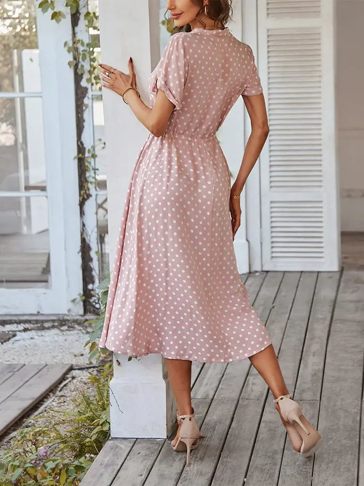 Ladies Polka Dot Print Shirt Dress – Casual Summer Midi Sundress