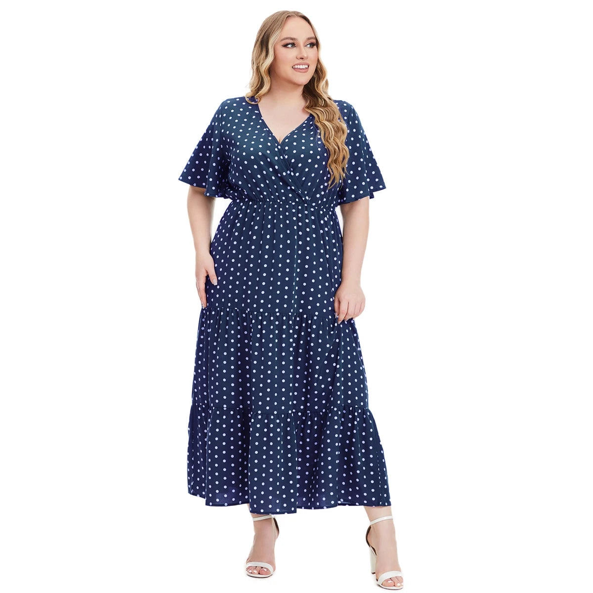 Plus Size Polka Dot V-Neck Boho Maxi Dress
