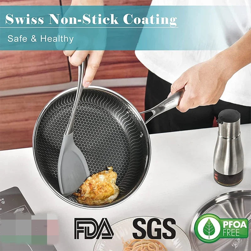 Stainless Steel Non-stick Honeycomb Frying Pan with Lid – Ceramic & Electric, induction