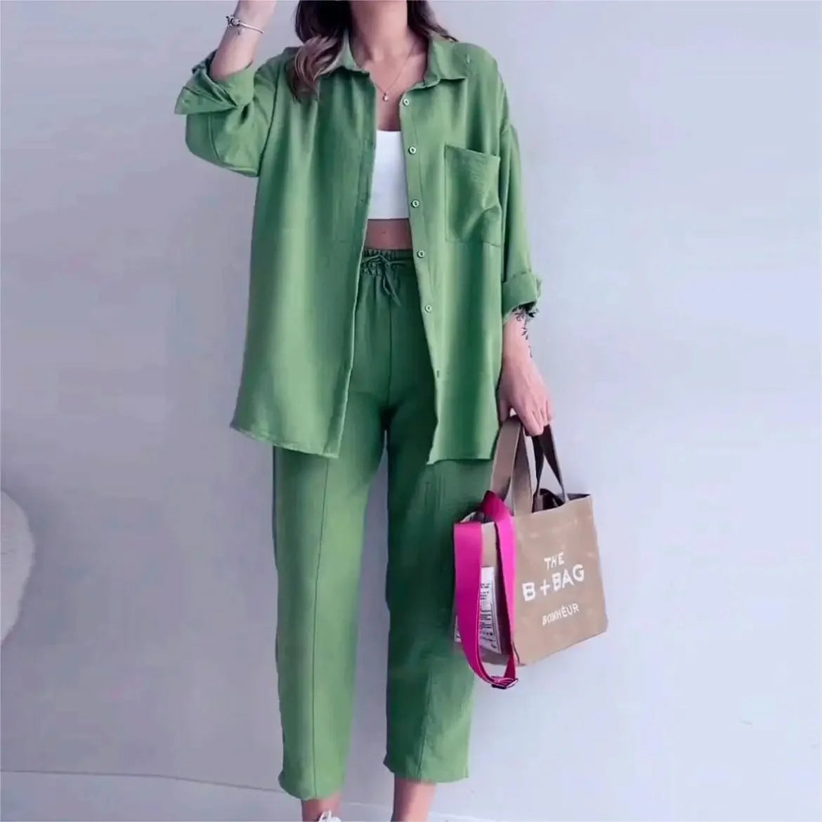Summer Wrinkled Shirt & Wide-Leg Pants Set – High Waist Casual 2PCS Outfit