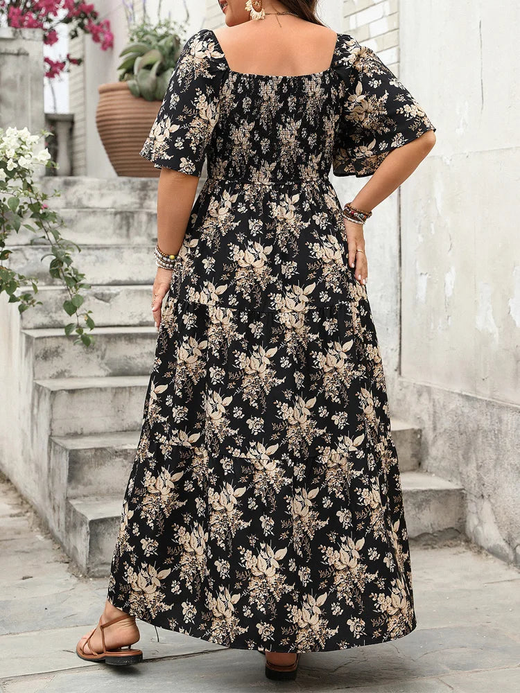 Plus Size Boho Floral Maxi Dress – Elegant Square Neck | Knot Front
