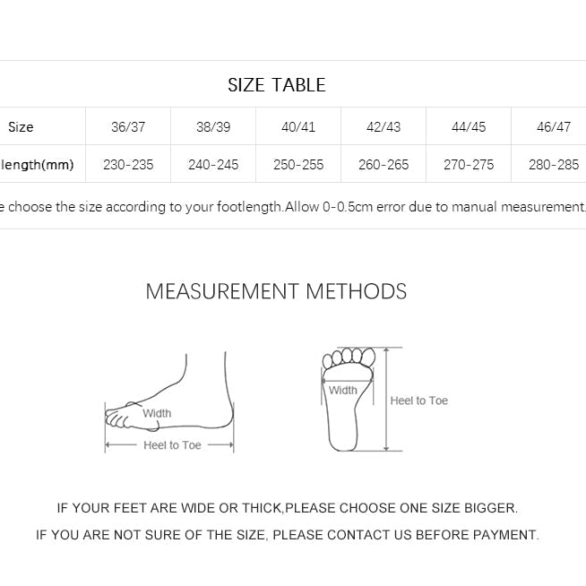 Size chart and measurement methods for shoes on a white background