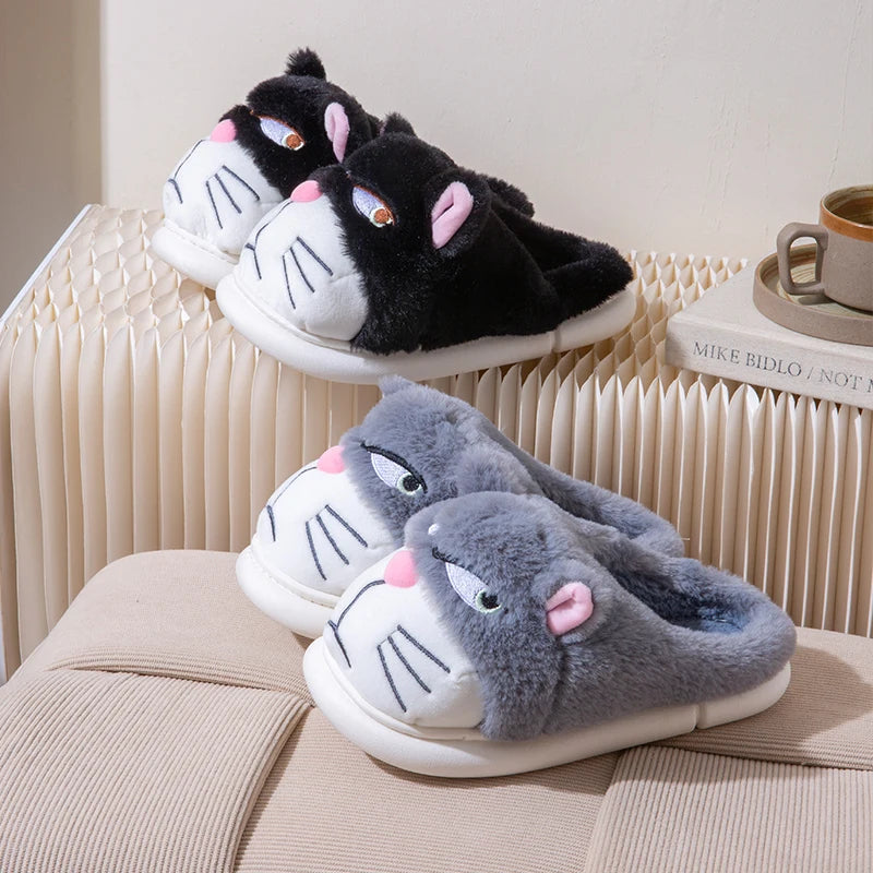 Women's Cat Plush Winter Slippers Indoor Furry House Shoes with Embroidered Face